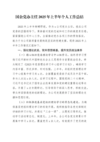 国企党办主任2025年上半年个人工作总结