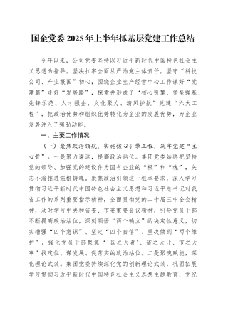 国企党委2025年上半年抓基层党建工作总结20250717
