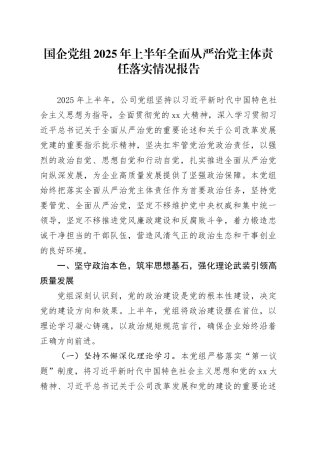 国企党组2025年上半年全面从严治党主体责任落实情况报告20250721