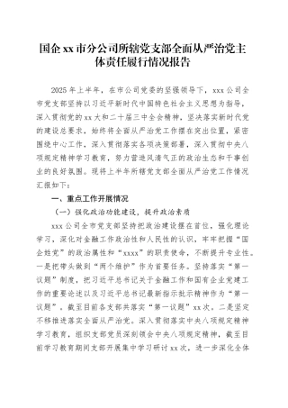 国企市分公司所辖党支部全面从严治党主体责任履行情况报告