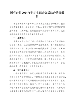 国有企业2024年组织生活会会后综合情况报告