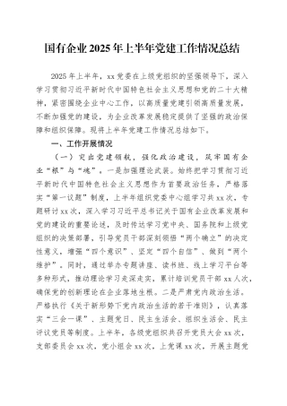 国有企业2025年上半年党建工作情况总结