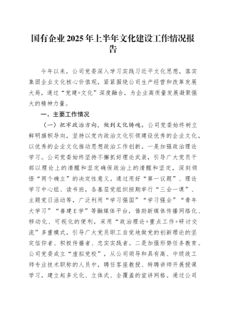 国有企业2025年上半年文化建设工作情况报告