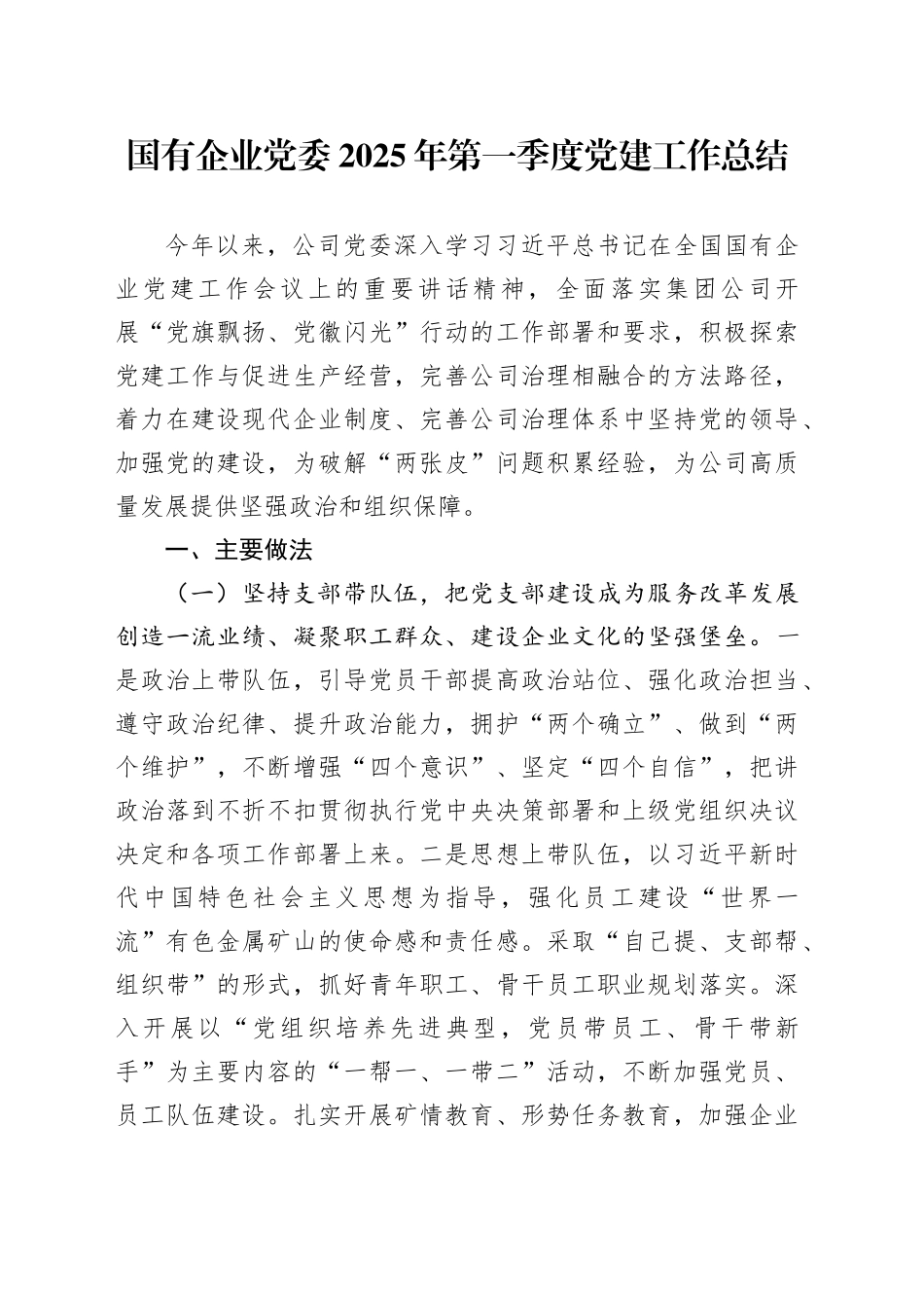 国有企业党委2025年第一季度党建工作总结公司汇报报告20250319_第1页