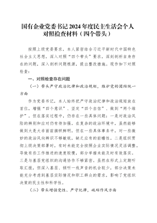 国有企业党委书记2024年度民主生活会个人对照检查材料（四个带头，纪律规矩团结统一党性纪律作风、清正廉洁、从严治党，检视剖析，发言提纲公司）20250312