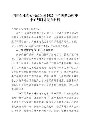 国有企业党委书记学习2025年全国两会精神中心组研讨发言材料20250319