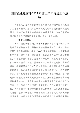 国有企业党支部2025年度上半年党建工作总结20250717