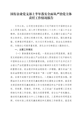 国有企业党支部上半年落实全面从严治党主体责任工作情况报告