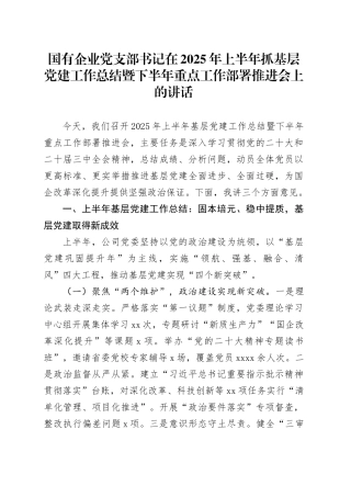 国有企业党支部书记在2025年上半年抓基层党建工作总结暨下半年重点工作部署推进会上的讲话