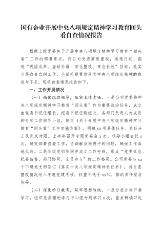 国有企业开展中央八项规定精神学习教育回头看自查情况报告