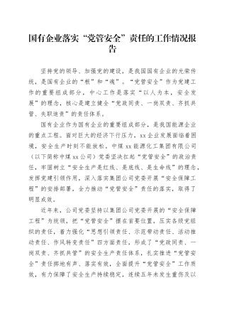 国有企业落实“党管安全”责任的工作情况报告