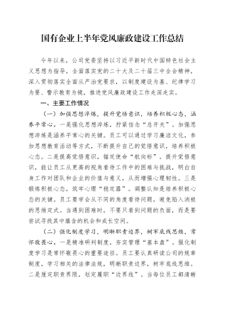 国有企业上半年党风廉政建设工作总结