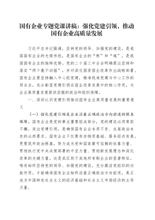 国有企业专题党课讲稿：强化党建引领，推动国有企业高质量发展