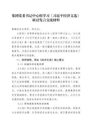 集团党委书记中心组学习《习近平经济文选》研讨发言交流材料