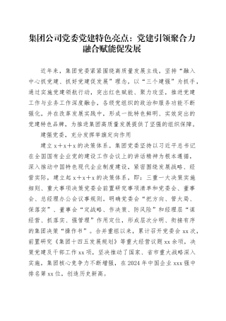 集团公司党委党建特色亮点：党建引领聚合力融合赋能促发展