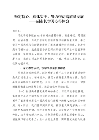 坚定信心、真抓实干，努力推动高质量发展——副市长学习心得体会