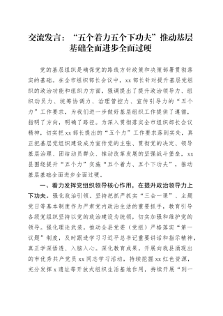 交流发言：“五个着力五个下功夫”推动基层基础全面进步全面过硬