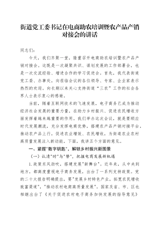 街道党工委书记在电商助农培训暨农产品产销对接会的讲话