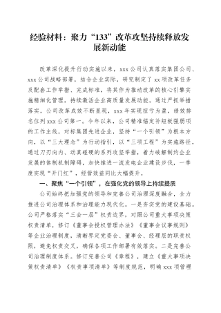 经验材料：聚力“133”改革攻坚持续释放发展新动能