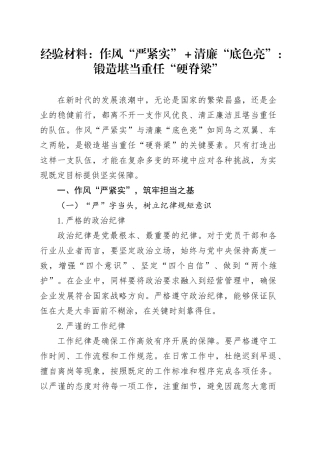 经验材料：作风“严紧实”＋清廉“底色亮”：锻造堪当重任“硬脊梁”