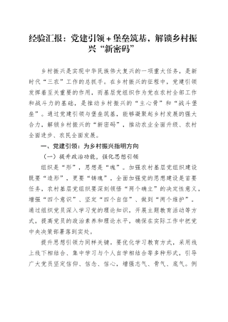 经验汇报：党建引领＋堡垒筑基，解锁乡村振兴“新密码”