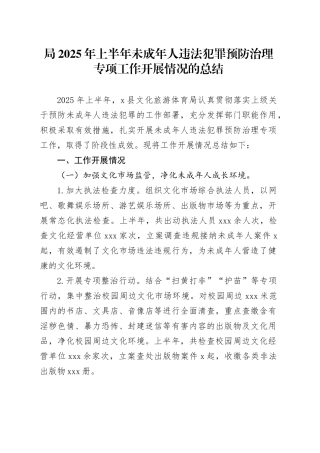 局2025年上半年未成年人违法犯罪预防治理专项工作开展情况的总结