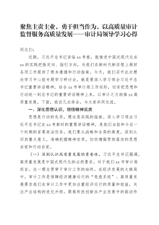 聚焦主责主业，勇于担当作为，以高质量审计监督服务高质量发展——审计局领导学习心得