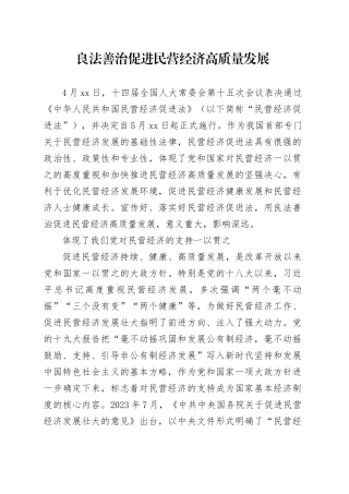 良法善治促进民营经济高质量发展