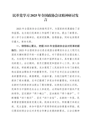 民革党学习2025年全国政协会议精神研讨发言
