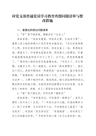 某村党支部普通党员学习教育查摆问题清单与整改措施