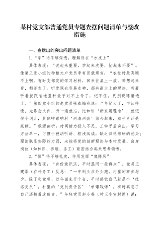 某村党支部普通党员专题查摆问题清单与整改措施