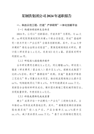 某钢铁集团公司2024年述职报告