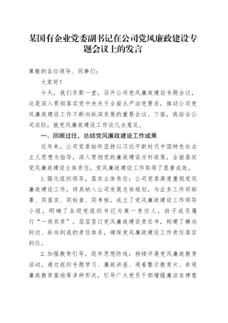 某国有企业党委副书记在公司党风廉政建设专题会议上的发言