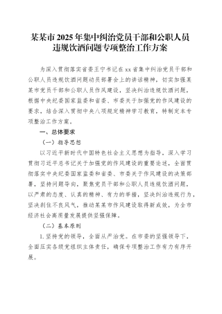 某某市2025年集中纠治党员干部和公职人员违规饮酒问题专项整治工作方案