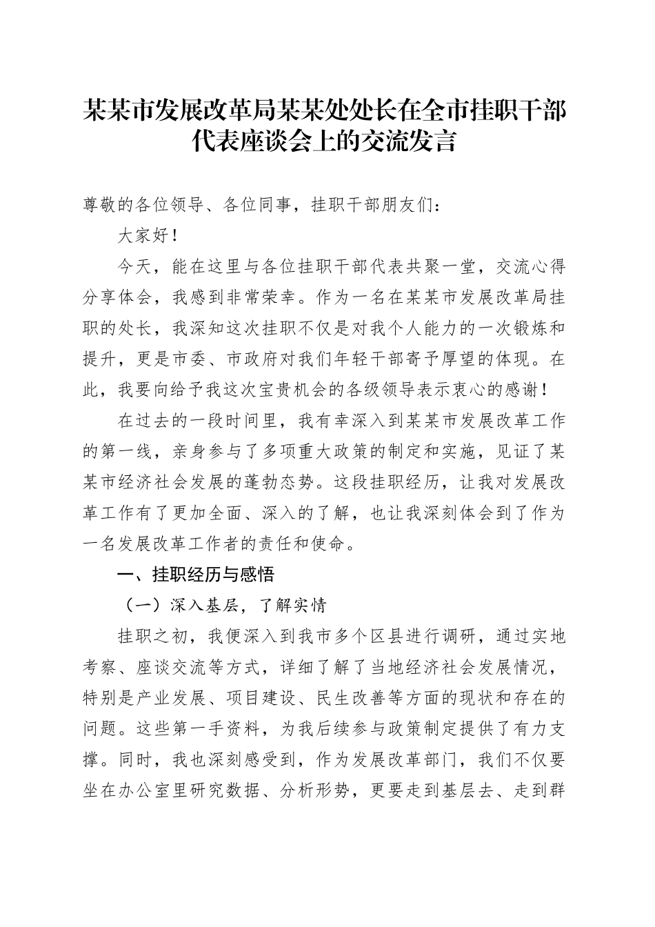 某某市发展改革局某某处处长在全市挂职干部代表座谈会上的交流发言_第1页