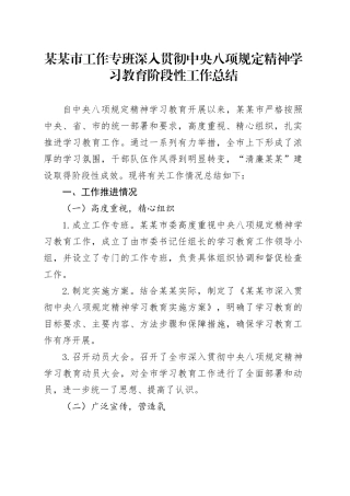 某某市工作专班深入贯彻中央八项规定精神学习教育阶段性工作总结