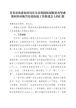 某某市农业农村局在全市巩固拓展脱贫攻坚成果同乡村振兴有效衔接工作推进会上的汇报
