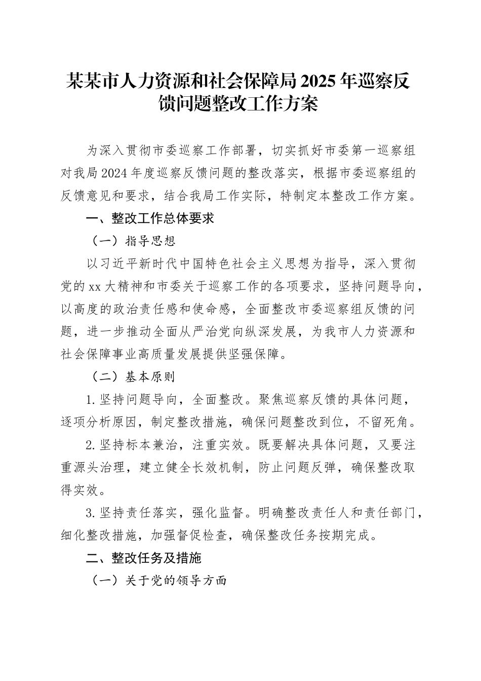 某某市人力资源和社会保障局2025年巡察反馈问题整改工作方案_第1页