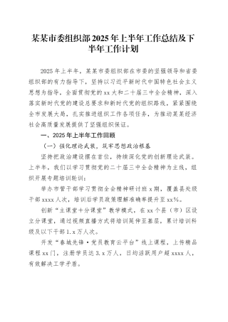 某某市委组织部2025年上半年工作总结及下半年工作计划