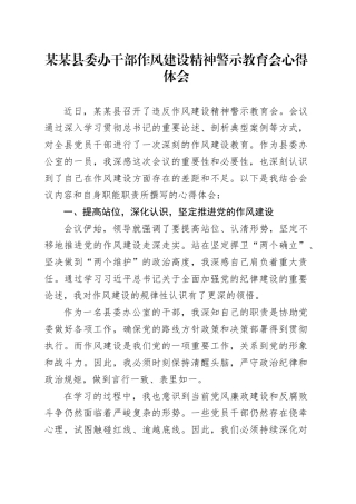 某某县委办干部作风建设精神警示教育会心得体会