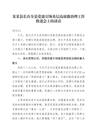 某某县长在全县党建引领基层高效能治理工作推进会上的讲话