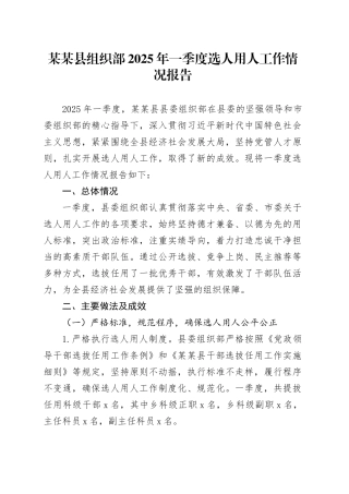 某某县组织部2025年一季度选人用人工作情况报告