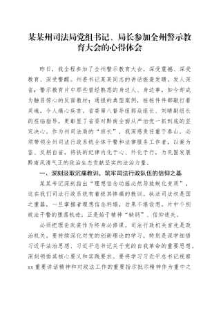 某某州司法局党组书记、局长参加全州警示教育大会的心得体会