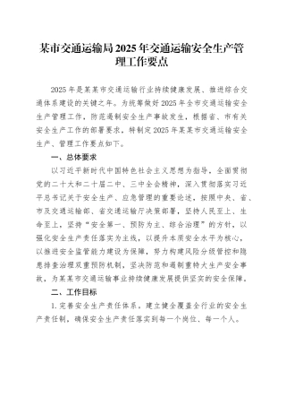 某市交通运输局2025年交通运输安全生产管理工作要点
