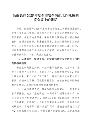 某市长在2025年度全市安全防范工作视频调度会议上的讲话