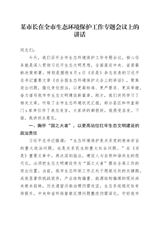 某市长在全市生态环境保护工作专题会议上的讲话