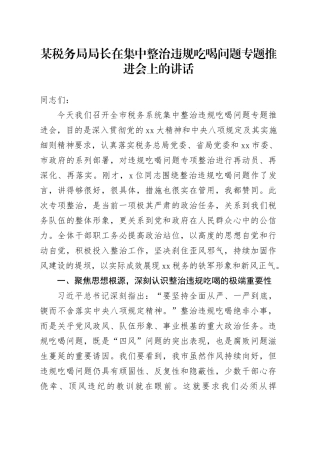 某税务局局长在集中整治违规吃喝问题专题推进会上的讲话