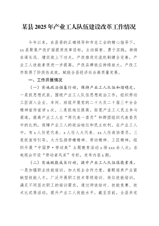 某县2025年产业工人队伍建设改革工作情况