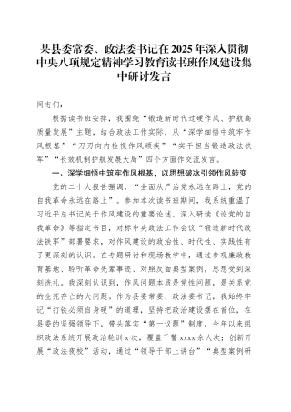 某县委常委、政法委书记在2025年深入贯彻中央八项规定精神学习教育读书班作风建设集中研讨发言