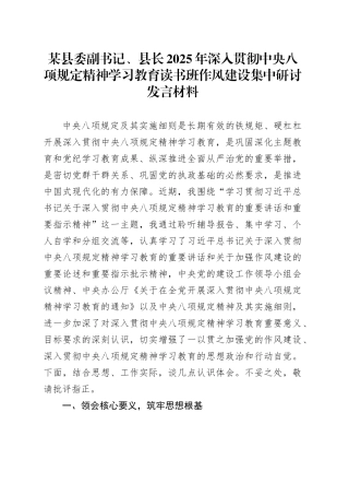 某县委副书记、县长2025年深入贯彻中央八项规定精神学习教育读书班作风建设集中研讨发言材料